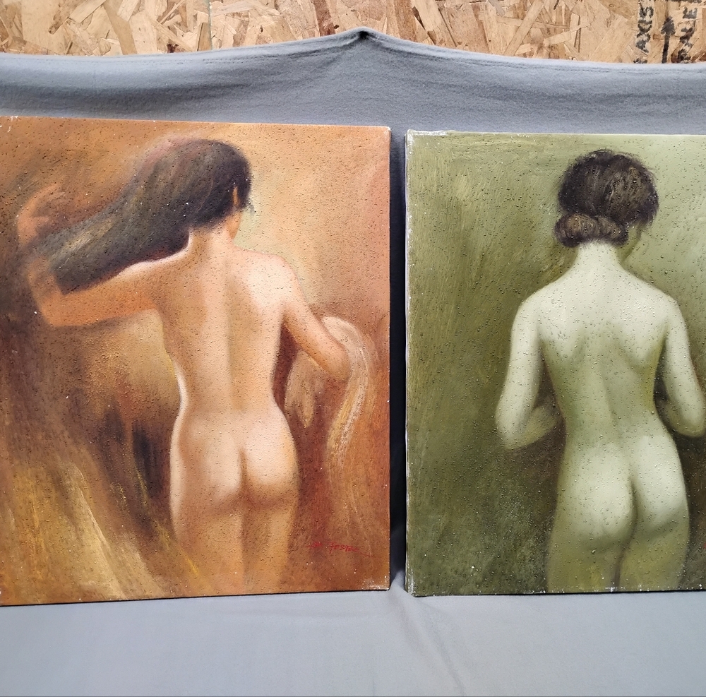Signed D. Foster Figurative Nude Paintings Pair 20x24 Textured Canvas Modern Art